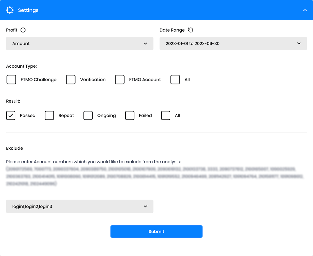 trader's analysis settings